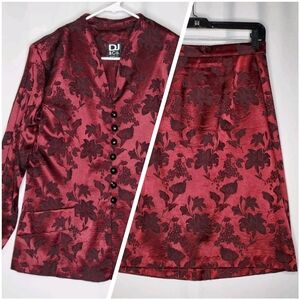 Dawn Joy Vtg Skirt Suit Women Small Red Black Damask Floral Long Sleeve Witchy
